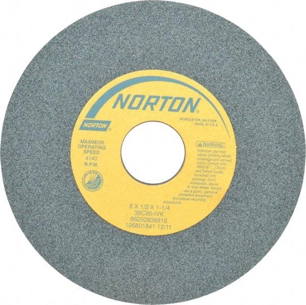 Norton - 6" Diam x 1-1/4" Hole x 1/2" Thick, I Hardness, 60 Grit Surface Grinding Wheel - Silicon Carbide, Type 1, Medium Grade, 4,140 Max RPM, Vitrified Bond, No Recess - USA Tool & Supply