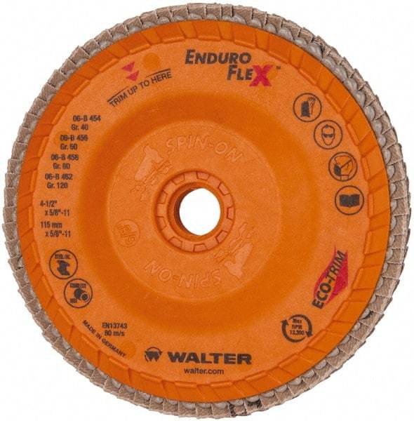 WALTER Surface Technologies - 80 Grit, 4-1/2" Disc Diam, 5/8-11 Center Hole, Flap Disc - Plastic Backing, Arbor Attaching System, Coated - USA Tool & Supply