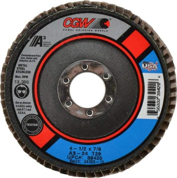 Camel Grinding Wheels - 24 Grit, 4-1/2" Disc Diam, 7/8" Center Hole, Type 29 Aluminum Oxide Flap Disc - 13,300 Max RPM, Polyester Backing, Arbor Attaching System, Coated - USA Tool & Supply