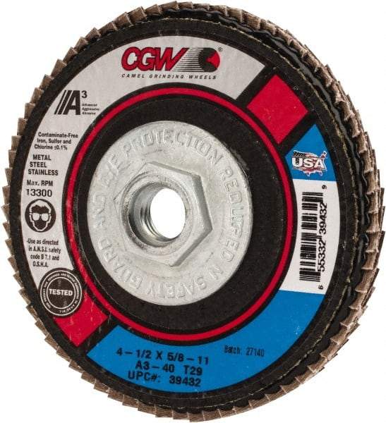 Camel Grinding Wheels - 40 Grit, 4-1/2" Disc Diam, 5/8-11 Center Hole, Type 29 Aluminum Oxide Flap Disc - 13,300 Max RPM, Polyester Backing, Arbor Attaching System, Coated - USA Tool & Supply