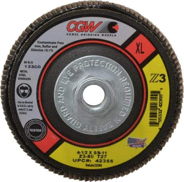 Camel Grinding Wheels - 80 Grit, 4-1/2" Disc Diam, 5/8-11 Center Hole, Type 27 Zirconia Alumina Flap Disc - 13,300 Max RPM, Poly Cotton Backing, Arbor Attaching System, Coated - USA Tool & Supply