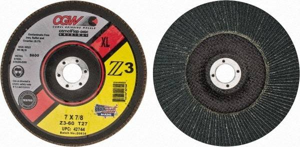 Camel Grinding Wheels - 60 Grit, 7" Disc Diam, 7/8" Center Hole, Type 27 Zirconia Alumina Flap Disc - 8,600 Max RPM, Poly Cotton Backing, Arbor Attaching System, Coated - USA Tool & Supply