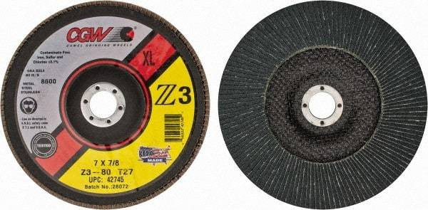 Camel Grinding Wheels - 80 Grit, 7" Disc Diam, 7/8" Center Hole, Type 27 Zirconia Alumina Flap Disc - 8,600 Max RPM, Poly Cotton Backing, Arbor Attaching System, Coated - USA Tool & Supply