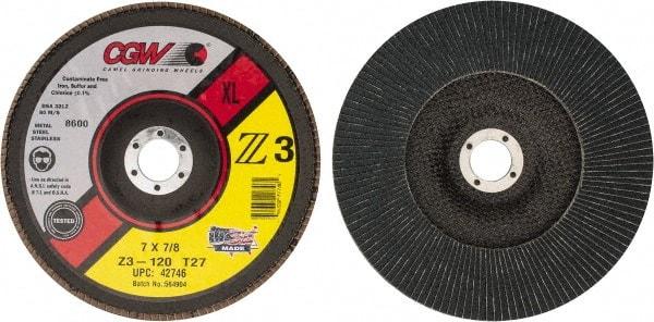 Camel Grinding Wheels - 120 Grit, 7" Disc Diam, 7/8" Center Hole, Type 27 Zirconia Alumina Flap Disc - 8,600 Max RPM, Poly Cotton Backing, Arbor Attaching System, Coated - USA Tool & Supply