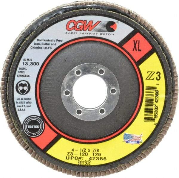 Camel Grinding Wheels - 120 Grit, 4-1/2" Disc Diam, 7/8" Center Hole, Type 29 Zirconia Alumina Flap Disc - 13,300 Max RPM, Poly Cotton Backing, Arbor Attaching System, Coated - USA Tool & Supply