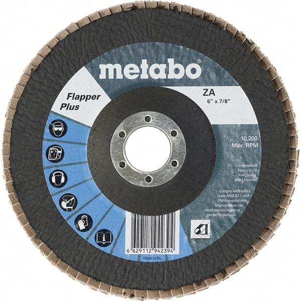 Metabo - 40 Grit, 6" Disc Diam, 7/8" Center Hole, Type 27 Zirconia Alumina Flap Disc - 10,200 Max RPM, Fiberglass Backing, Arbor Attaching System, Coated - USA Tool & Supply
