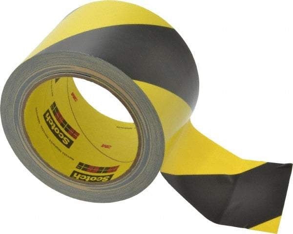 3M - Black & Yellow Striped Vinyl Tape - 3" Wide x 5.4 mil Thick, General Traffic - USA Tool & Supply