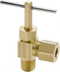Parker - 1/4" Pipe, Angled Needle Valve - Compression x MNPTF Ends, Brass Valve, 150 Max psi - USA Tool & Supply