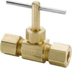 Parker - 3/8" Pipe, Inline Needle Valve - Compression x Compression Ends, Brass Valve, 150 Max psi - USA Tool & Supply