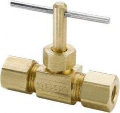 Parker - 3/8" Pipe, Inline Needle Valve - Compression x Compression Ends, Brass Valve, 150 Max psi - USA Tool & Supply