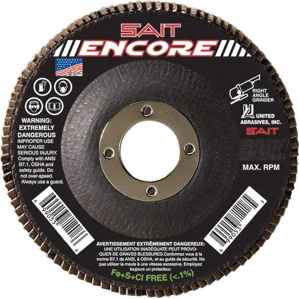 Sait - 120 Grit, 4-1/2" Disc Diam, 7/8" Center Hole, Type 27 Zirconia Alumina Flap Disc - 13,300 Max RPM, Fiberglass Backing, Arbor Attaching System, Coated - USA Tool & Supply