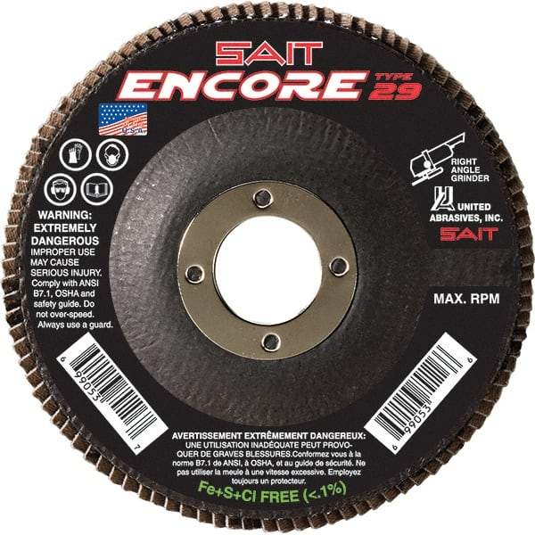 Sait - 60 Grit, 7" Disc Diam, 7/8" Center Hole, Type 27 Zirconia Alumina Flap Disc - 8,500 Max RPM, Fiberglass Backing, Arbor Attaching System, Coated - USA Tool & Supply