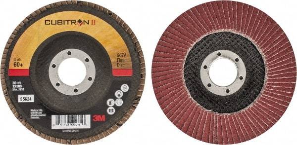 3M - 60 Grit, 4-1/2" Disc Diam, 7/8" Center Hole, Type 29 Ceramic Flap Disc - 13,300 Max RPM, Cloth Backing, Arbor Attaching System, Coated - USA Tool & Supply