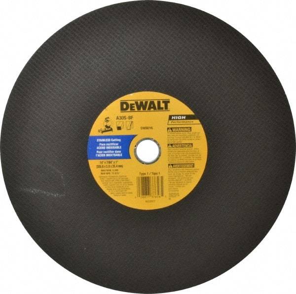 DeWALT - 14" Aluminum Oxide Cutoff Wheel - 7/64" Thick, 1" Arbor, 4,300 Max RPM, Use with Stationary Tools - USA Tool & Supply