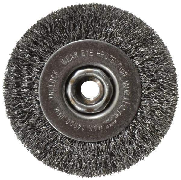 Weiler - 4" OD, 1/2-13 Arbor Hole, Crimped Steel Wheel Brush - 1/2" Face Width, 7/8" Trim Length, 0.014" Filament Diam, 14,000 RPM - USA Tool & Supply