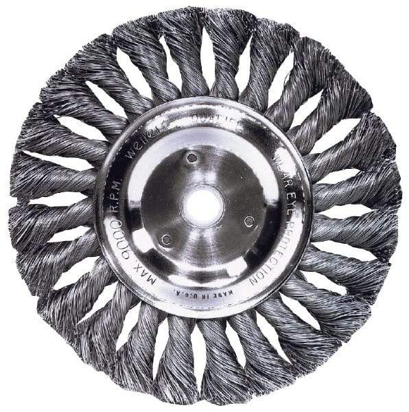 Weiler - 4" OD, M14x2.00 Arbor Hole, Knotted Steel Wheel Brush - 1/2" Face Width, 7/8" Trim Length, 0.014" Filament Diam, 20,000 RPM - USA Tool & Supply