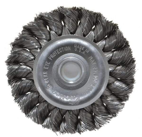 Weiler - 3" OD, 1/2" Arbor Hole, Knotted Steel Wheel Brush - 3/8" Face Width, 5/8" Trim Length, 0.0118" Filament Diam, 25,000 RPM - USA Tool & Supply