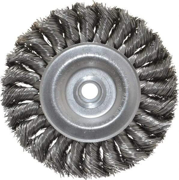 Weiler - 4" OD, 1/2" Arbor Hole, Knotted Steel Wheel Brush - 1/2" Face Width, 7/8" Trim Length, 0.014" Filament Diam, 20,000 RPM - USA Tool & Supply