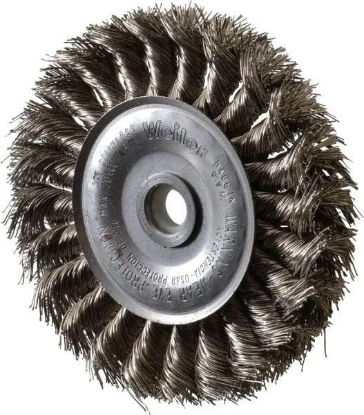 Weiler - 4" OD, 1/2" Arbor Hole, Knotted Stainless Steel Wheel Brush - 1/2" Face Width, 7/8" Trim Length, 0.014" Filament Diam, 20,000 RPM - USA Tool & Supply