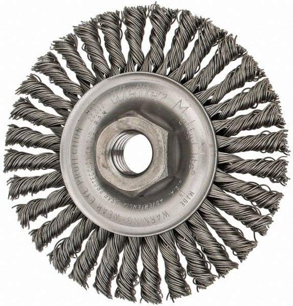 Weiler - 4" OD, 5/8-11 Arbor Hole, Knotted Steel Wheel Brush - 3/16" Face Width, 7/8" Trim Length, 0.02" Filament Diam, 20,000 RPM - USA Tool & Supply