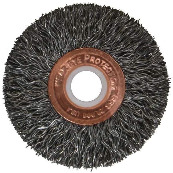 Weiler - 2" OD, 1/2" Arbor Hole, Crimped Steel Wheel Brush - 3/8" Face Width, 1/2" Trim Length, 0.0118" Filament Diam, 20,000 RPM - USA Tool & Supply
