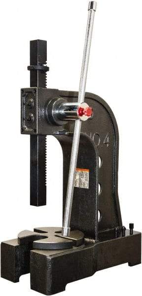 Palmgren - 1-3/4" Ram, 8-3/8" Throat Depth, 4 Ton Manual Arbor Press - 15-3/4" Max Work Height x 16-3/4" Max Work Width, Single Leverage, 9-1/4" Base Width x 21-1/4" Base Depth - USA Tool & Supply