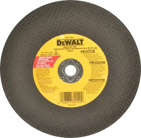 DeWALT - 8" Aluminum Oxide Cutoff Wheel - 1/8" Thick, 5/8" Arbor, 7,600 Max RPM, Use with Circular Saws - USA Tool & Supply