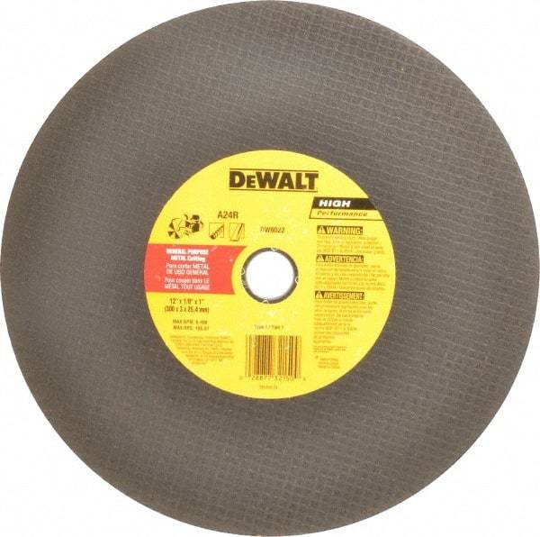 DeWALT - 12" Aluminum Oxide Cutoff Wheel - 1/8" Thick, 1" Arbor, 6,400 Max RPM, Use with Circular Saws - USA Tool & Supply