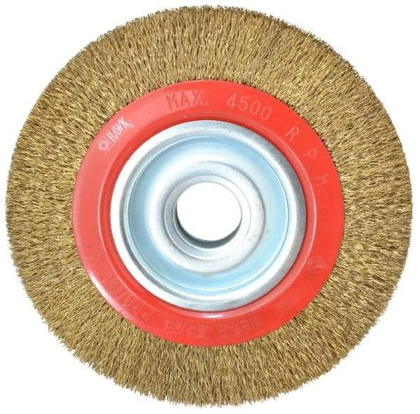 Value Collection - 8" OD, 1-1/4" Arbor Hole, Crimped Brass-Coated Steel Wheel Brush - 1" Face Width, 1-11/32" Trim Length, 0.014" Filament Diam, 4,500 RPM - USA Tool & Supply