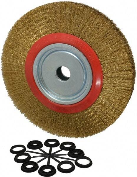 Value Collection - 12" OD, 1-1/4" Arbor Hole, Crimped Brass-Coated Steel Wheel Brush - 1-21/32" Face Width, 2-3/8" Trim Length, 0.014" Filament Diam, 3,000 RPM - USA Tool & Supply