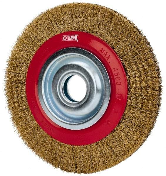 Value Collection - 8" OD, 1-1/4" Arbor Hole, Crimped Brass-Coated Steel Wheel Brush - 3/4" Face Width, 1-11/32" Trim Length, 0.012" Filament Diam, 4,500 RPM - USA Tool & Supply