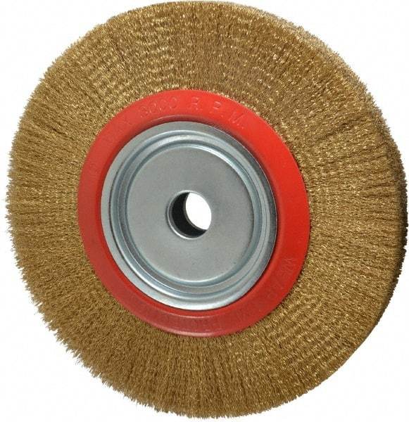 Value Collection - 12" OD, 1-1/4" Arbor Hole, Crimped Brass-Coated Steel Wheel Brush - 1-21/32" Face Width, 2-3/8" Trim Length, 0.012" Filament Diam, 3,000 RPM - USA Tool & Supply