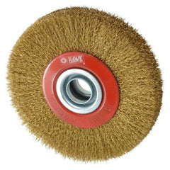 Value Collection - 5" OD, 3/4" Arbor Hole, Crimped Brass-Coated Steel Wheel Brush - 1" Face Width, 1-3/32" Trim Length, 0.007" Filament Diam, 6,000 RPM - USA Tool & Supply