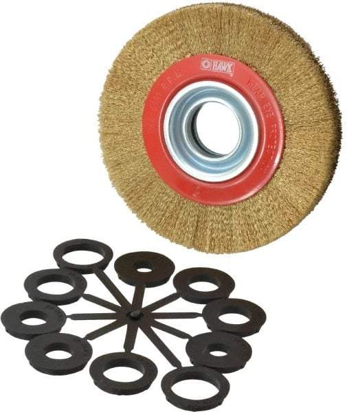 Value Collection - 6" OD, 1-1/4" Arbor Hole, Crimped Brass-Coated Steel Wheel Brush - 11/16" Face Width, 1-1/8" Trim Length, 0.007" Filament Diam, 6,000 RPM - USA Tool & Supply
