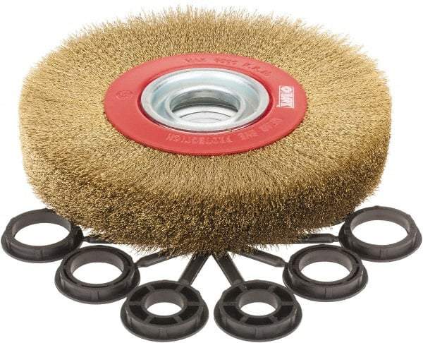 Value Collection - 7" OD, 1-1/4" Arbor Hole, Crimped Brass-Coated Steel Wheel Brush - 1" Face Width, 1-1/2" Trim Length, 0.007" Filament Diam, 6,000 RPM - USA Tool & Supply