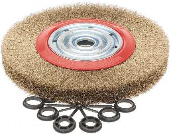 Value Collection - 12" OD, 1-1/4" Arbor Hole, Crimped Brass-Coated Steel Wheel Brush - 1-3/16" Face Width, 2-3/8" Trim Length, 0.007" Filament Diam, 3,000 RPM - USA Tool & Supply