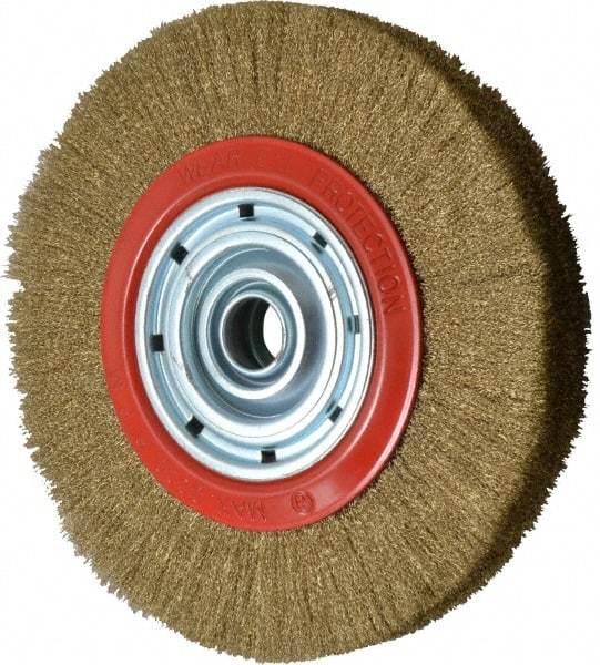 Value Collection - 12" OD, 1-1/4" Arbor Hole, Crimped Brass-Coated Steel Wheel Brush - 1-21/32" Face Width, 2-3/8" Trim Length, 0.007" Filament Diam, 3,000 RPM - USA Tool & Supply