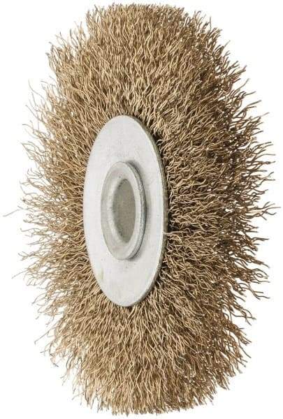 Value Collection - 2-1/2" OD, 3/8" Arbor Hole, Crimped Brass-Coated Steel Wheel Brush - 3/8" Face Width, 1/2" Trim Length, 0.007" Filament Diam, 4,500 RPM - USA Tool & Supply