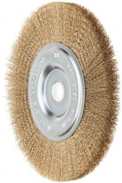 Value Collection - 6" OD, 5/8" Arbor Hole, Crimped Brass-Coated Steel Wheel Brush - 1/2" Face Width, 1-3/8" Trim Length, 0.012" Filament Diam, 3,750 RPM - USA Tool & Supply