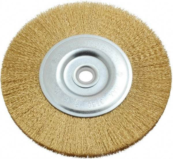 Value Collection - 6" OD, 5/8" Arbor Hole, Crimped Brass-Coated Steel Wheel Brush - 11/16" Face Width, 1-3/8" Trim Length, 0.012" Filament Diam, 3,750 RPM - USA Tool & Supply