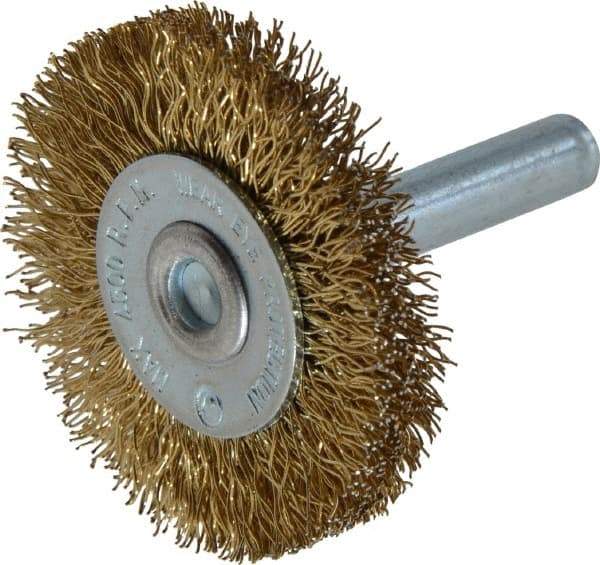 Value Collection - 1-5/8" OD, 1/4" Shank Diam, Crimped Brass-Coated Steel Wheel Brush - 3/16" Face Width, 3/8" Trim Length, 0.015" Filament Diam, 4,500 RPM - USA Tool & Supply