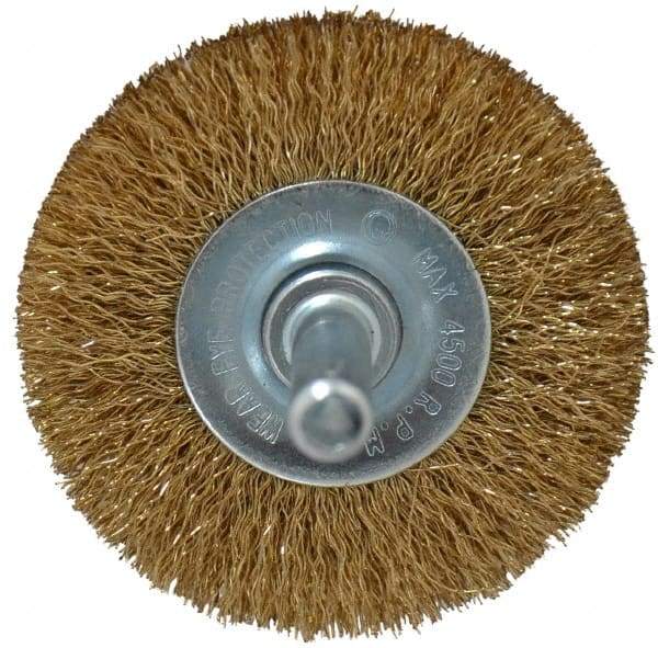 Value Collection - 2" OD, 1/4" Shank Diam, Crimped Brass-Coated Steel Wheel Brush - 9/32" Face Width, 3/8" Trim Length, 0.008" Filament Diam, 4,500 RPM - USA Tool & Supply
