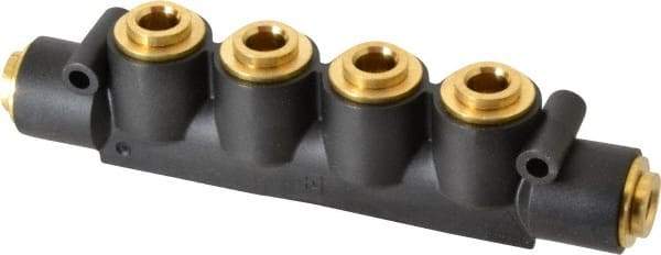Parker - 3/8" Inlet, 3/8" Outlet Manifold - 6.49" Long x 1.02" Wide 0.22" Mount Hole, 200°F Max, 150 Max PSI, 2 Inlet Ports, 4 Outlet Ports - USA Tool & Supply