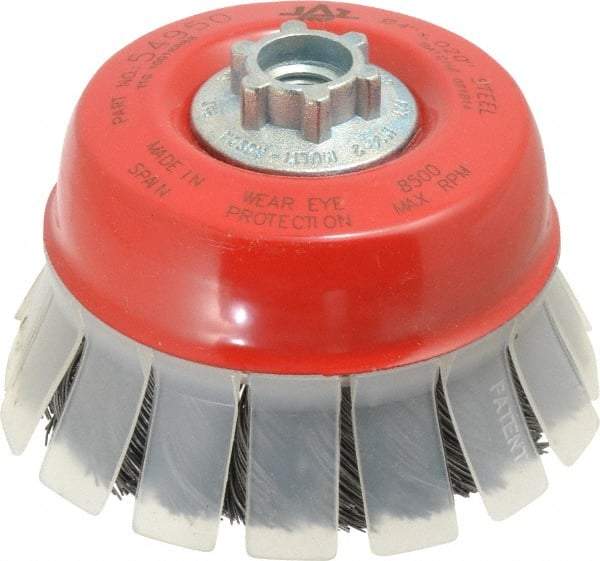 JAZ USA - 4" Diam, 5/8-11 & M14x2.00 Threaded Arbor, Steel Fill Cup Brush - 0.02 Wire Diam, 1-1/8" Trim Length, 8,500 Max RPM - USA Tool & Supply