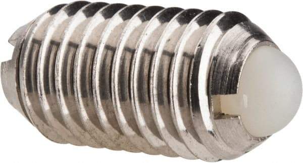 Vlier - M10x1.5, 6mm Ball Diam, 19mm Body Length, 2.01mm Max Ball Reach, Threaded Ball Plunger - Stainless Steel Body, Nylon Ball, 13.49 Lb Initial End Force, 20.23 Lb Final End Force, Locking Element - USA Tool & Supply