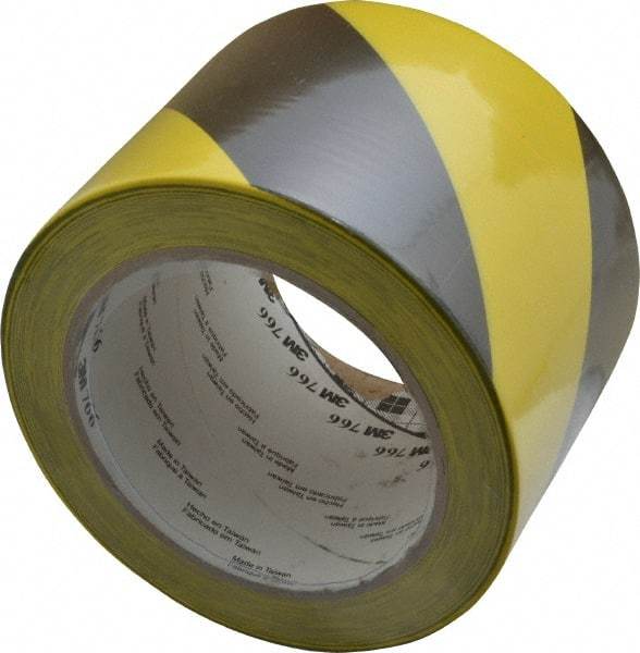 3M - Black & Yellow Striped Vinyl Tape - 3" Wide x 108' Long x 0.005" Thick, General Traffic - USA Tool & Supply