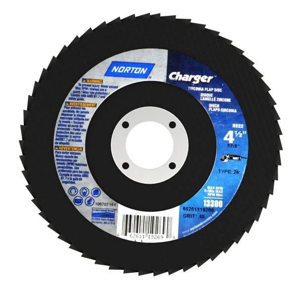 Norton - 40 Grit, 4-1/2" Disc Diam, 7/8" Center Hole, Type 29 Zirconia Alumina Flap Disc - 13,000 Max RPM, Fiberglass Backing, Arbor Attaching System, Coated - USA Tool & Supply