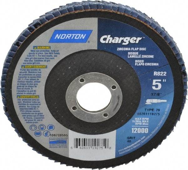 Norton - 40 Grit, 5" Disc Diam, 7/8" Center Hole, Type 29 Zirconia Alumina Flap Disc - 13,000 Max RPM, Fiberglass Backing, Coated - USA Tool & Supply
