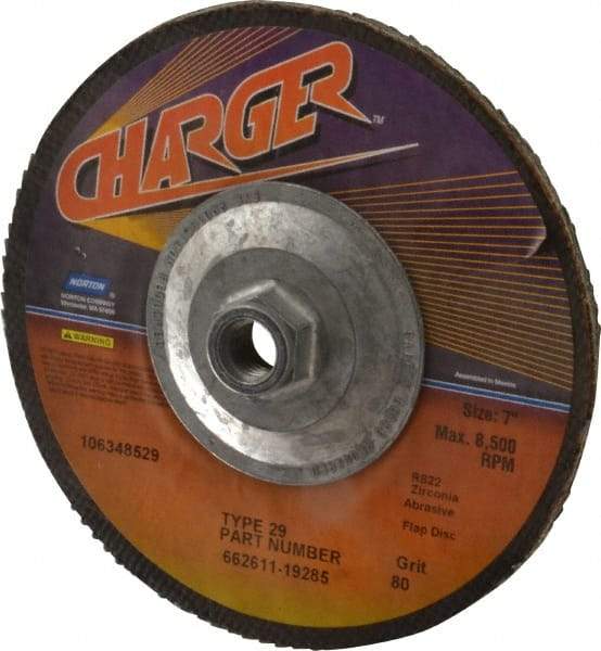 Norton - 80 Grit, 7" Disc Diam, 5/8-11 Center Hole, Type 29 Zirconia Alumina Flap Disc - 8,600 Max RPM, Fiberglass Backing, Coated - USA Tool & Supply