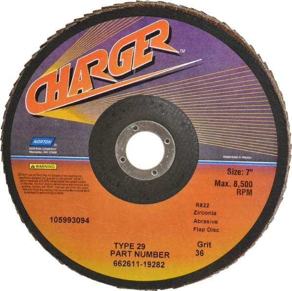 Norton - 36 Grit, 7" Disc Diam, 7/8" Center Hole, Type 29 Zirconia Alumina Flap Disc - 8,600 Max RPM, Fiberglass Backing, Coated - USA Tool & Supply